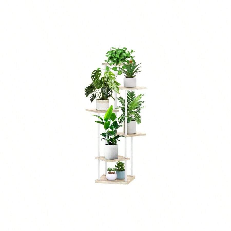 6 Tier Wood Tall Plant Stand Metal Rack Indoor, Multiple Flower Pot Holder Shelves Corner Rack, Planter Shelf Display Rack Storage Organizer Patio Living Room Balcony GardenWhite Oak - 六層,白橡木 - 查看 1