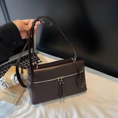 Vintage Camera Handbag, Bento Box Bag, Niche Litchi Texture Lunch Box Bag, 2025 Autumn/Winter High-End Commuter Shoulder Underarm Bag, Retro Fashion Crossbody Bag