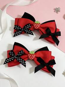 2pcs Cute Strawberry Bow Hair Clips, Elegant Lolita Style Hair Accessories For Girls