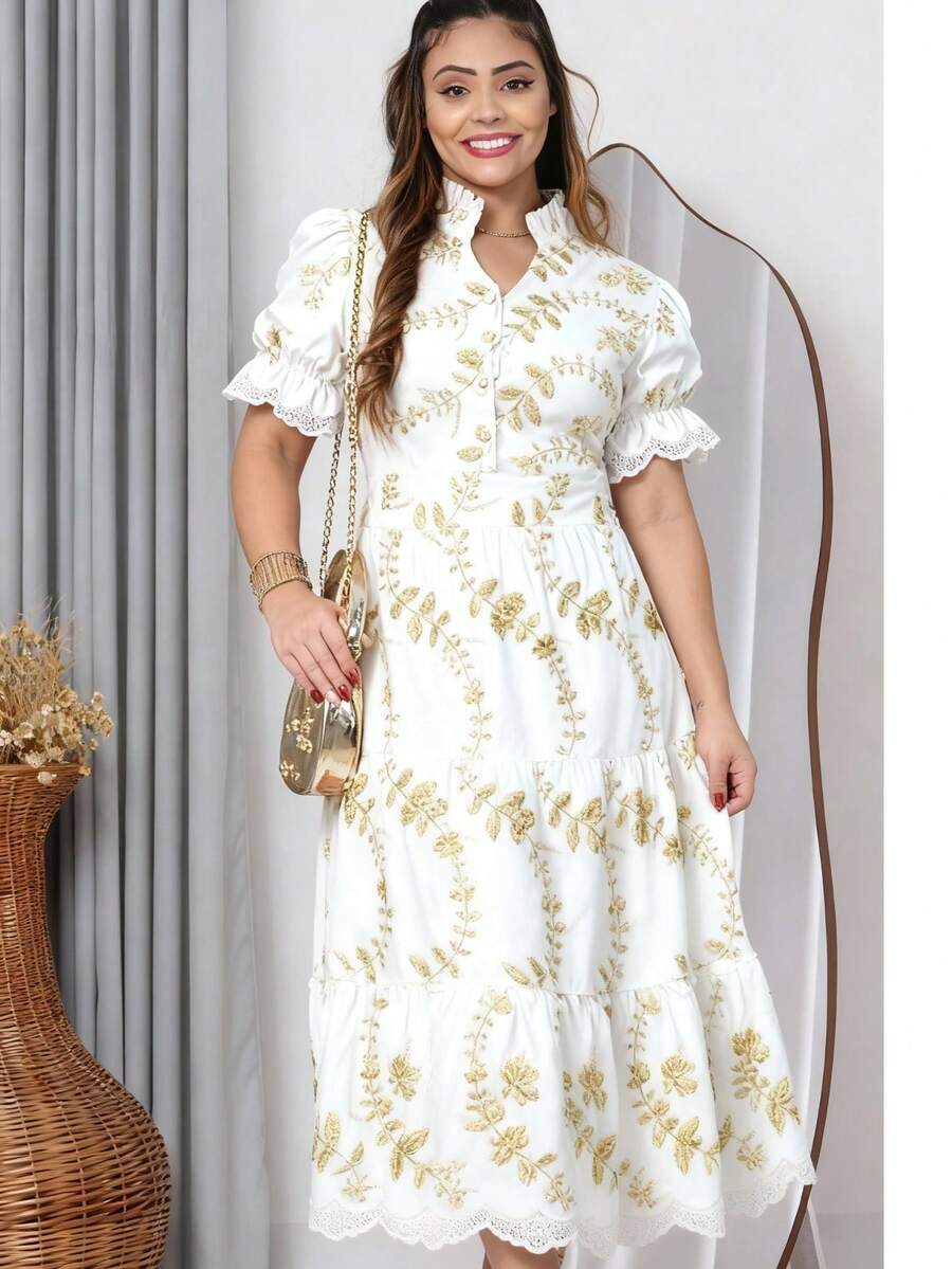 Women's Midi Dress With Embroidered Lace, All-Over Print, Embroidery, Button Detail, Ruffle Detail, Gathered Detail, Suitable For Formal And Evening Wear. - White Bicolor 3d - View 1