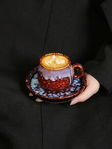 3 Styles Ceramic Coffee Cup & Saucer Set, Unique Crackle Glaze Finish, Suitable For Home, Gatherings, Housewarming, And Gift Giving - Multicolor - View 1