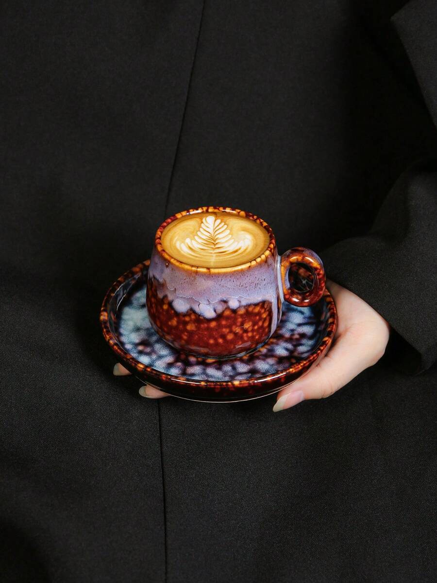 3 Styles Ceramic Coffee Cup & Saucer Set, Unique Crackle Glaze Finish, Suitable For Home, Gatherings, Housewarming, And Gift Giving - Multicolor - View 1