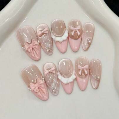 30 móng giả hình hạnh nhân màu kem kẻ caro hồng nữ tính kiểu Pháp đính ngọc trai giả hình nơ mắt mèo, thích hợp sử dụng hàng ngày, đi làm, hẹn hò, bao gồm 1 keo dán móng + 1 dũa móng.