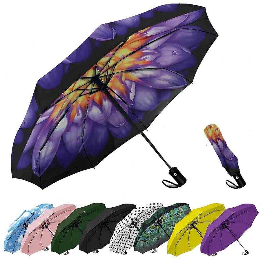 Windproof Travel Compact Umbrella-Automatic Umbrellas For Rain-Compact Folding Umbrella, Travel Umbrella Compact, Small Portable Windproof Umbrellas For Men Women Teenage. (Water Lily),42Inch-1Pack,Waterlily - 睡蓮 - 查看 1