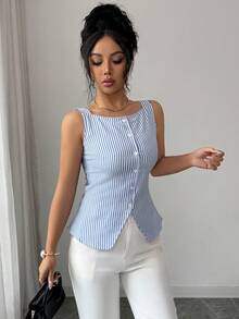 女士春夏新款蓝白条纹无袖修身单排扣休闲衬衫，优雅通勤及日常穿着，简约西部风吊带衫 - 藍色 - 查看 7