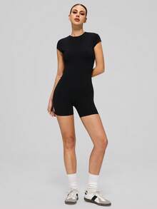 MASKERT Women's Round Neck Short Sleeve Jumpsuit, Backless Slim Fit Design, Suitable For Fitness Yoga Gym Running Training Workout Jumpsuit - Black - View 3