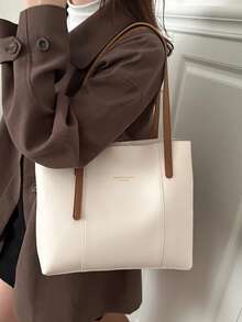 2个装女士棕色绗缝衬里单肩托特包，时尚大容量组合手提包，按扣闭合，休闲街头风，适合摄影、日常通勤。 - 白色 - 查看 5