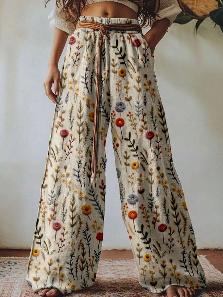 Women's Summer Casual Puppy Print Ice Silk High-Waisted Wide-Leg Pants - Lightweight & Breathable Bottoms - 卡其色 - 查看 1