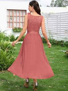 MIUSOL Vestido de noche largo asimétrico con escote en V profundo, sin mangas, con volantes y encaje con lentejuelas florales - Rosa vieja - Ver 3