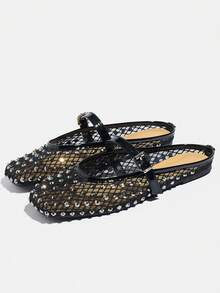 Große Größen Sandalen mit Strass-Dekor, schwarze Sandalen mit quadratischer Zehenpartie, vielseitig einsetzbare, atmungsaktive Mesh-Sommersandalen, Neuheit 2026 - Schwarz - Übersicht 18