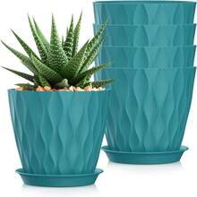 Inch Plant Pots 5 Pack, Flower Planters With Drainage Holes And Trays, Plastic Pots Indoor Outdoor Plants, White - Xanh lam-xanh lá cây + 5 chiếc 7 inch - Xem 1