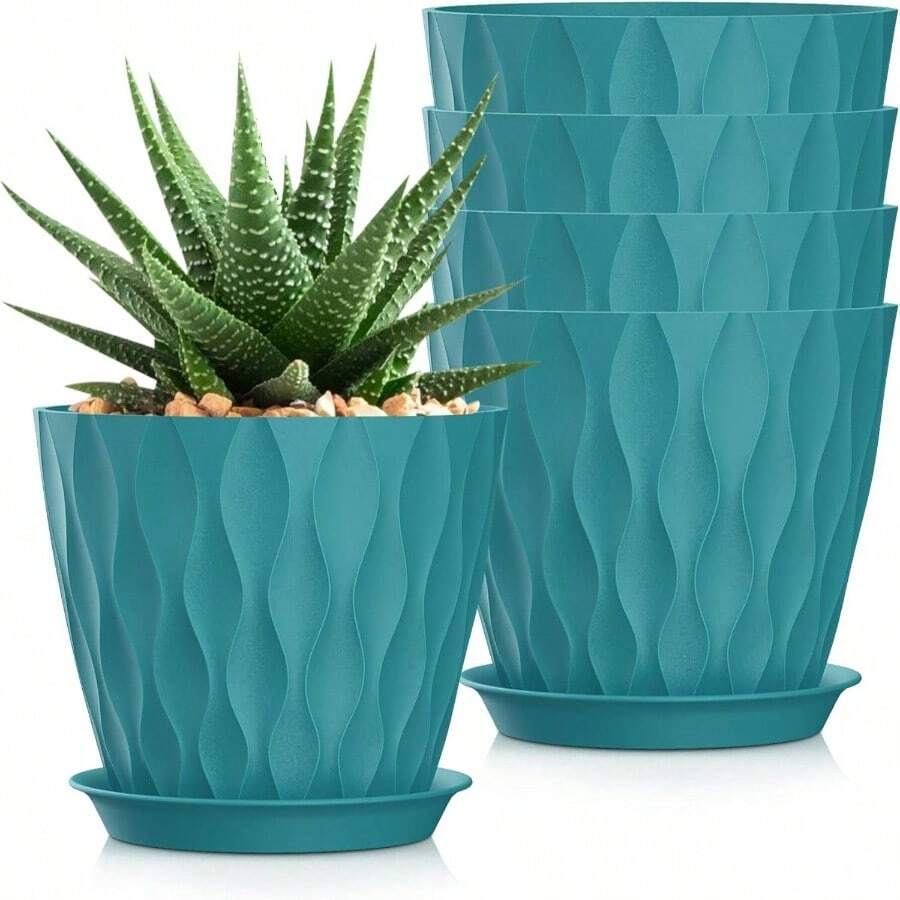 Inch Plant Pots 5 Pack, Flower Planters With Drainage Holes And Trays, Plastic Pots Indoor Outdoor Plants, White - Xanh lam-xanh lá cây + 5 chiếc 7 inch - Xem 1