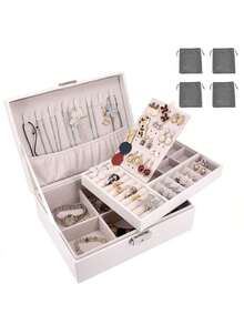 1 pieza Caja de almacenamiento de joyas blanca,Joyero para mujeres, organizador de joyas con tapa de vidrio y 2 cajones para collares, anillos, aretes, pulseras. Regalo de Navidad para mujeres. Organizador de almacenamiento esencial para viajes y dormitorios universitarios- Regalo del Día de San Valentín,Portátil Joyero Viaje Cajas con 4 Gris Bolsas de Almacenamiento para Anillos. - Blanco - Ver 8