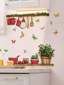 2件套红色餐具、蝴蝶和绿色植物墙贴，可移除厨房餐厅墙面装饰 - 紅色 - 查看 3