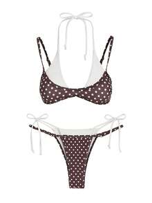 两件套波点挂脖比基尼高腰泳衣，夏季度假泳装比基尼套装 - 咖啡棕 - 查看 6
