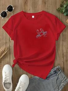 Double-Sided Printing, Ladies' T-Shirts, Ladies' -Blend T-Shirts, Independence Day, Gifts-Crabby Crab Print T-Shirt - Fun & Quirky Beach-Themed Design For Summer Outfits, Perfect For Vacation Wear And Coastal Lovers - 紅色 - 查看 3