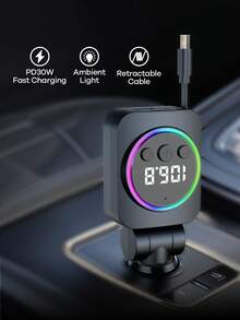 REMAX 藍牙車充，配備 RGB 燈光與 29 英吋可伸縮線纜；支援 PD 30W 快充；藍牙 5.3，支援免手持通話/音樂播放；自動重新連接；Type-C 介面，相容 Apple/Android 手機；汽車配件；汽車用品；旅行必需品 - C76 - 查看 2
