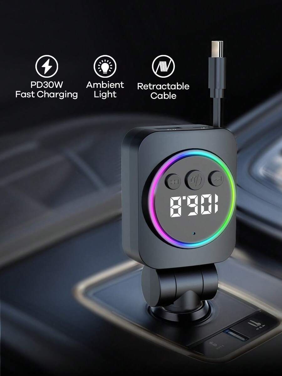 REMAX 藍牙車充，配備 RGB 燈光與 29 英吋可伸縮線纜；支援 PD 30W 快充；藍牙 5.3，支援免手持通話/音樂播放；自動重新連接；Type-C 介面，相容 Apple/Android 手機；汽車配件；汽車用品；旅行必需品