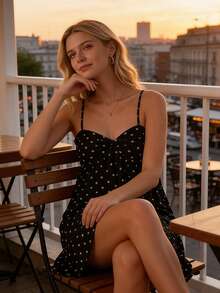 Women Slip Dress, Spaghetti Straps Backless Dots Print Loose Summer Mini Dress Clubwear - Black - View 4