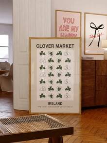 1pc Framed-Free St. Patrick's Day Vintage Poster, Mint Green Shamrock Design 'CLOVER MARKET' Festive Wall Art, Irish-Themed Bedroom, Dorm, Living Room Room Decor, Bedroom Room Decoration, Back-To-School Gift, Wall Hanging, Unique Home Decor - Multicolor - View 2