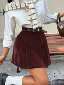 EARO Chic 女士黑色灯芯绒高腰百褶迷你裙，配腰带，学院风学生裙，复古日常装 - 酒紅色 - 查看 3