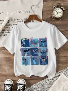 Disney Stitch And Bird Reading Print Summer Boys' Casual Cotton Crewneck Short Sleeve Shirt, Suitable For Everyday Wear, Travel, And Sports, Comfortable And Breathable, Stylish And Versatile, A Perfect Gift For Children. - trắng - Xem 2