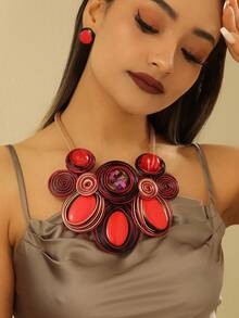 夸张多层手工编织重铝丝树脂链波西米亚欧美中东韩版晚宴派对假日女士时尚精美复古水滴项链耳环 - 紅色 - 查看 5