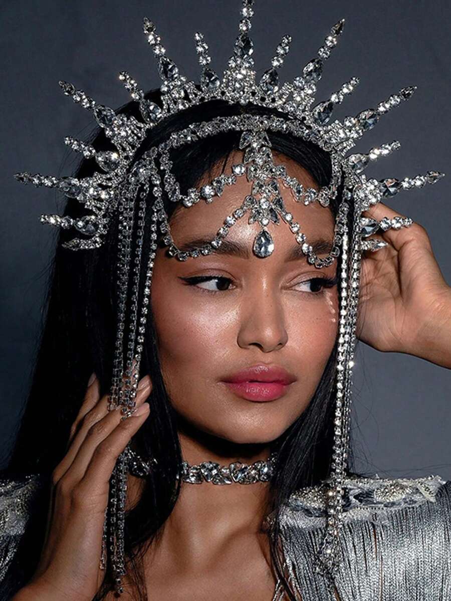 Exaggerated Crystal Crown Headband, Geometric Tassel Headdress Party Accessory, Bride To Be, Tiara - Silver - View 1