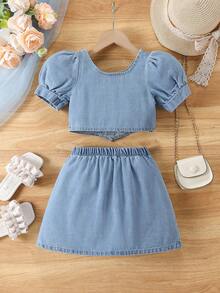 Bộ 2 món cho bé gái, kiểu dáng thường ngày dễ thương, phong cách retro Y2K, áo thun denim rách tay phồng và chân váy denim rách có túi hộp, thích hợp cho mùa xuân/hè. - Rửa nhẹ - Xem 3
