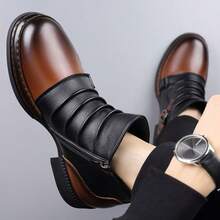 Nuevas botas de tobillo para hombre talla grande con suela gruesa, textura plisada y textura metálica en colores contrastantes, botas personalizadas - Marrón - Ver 4