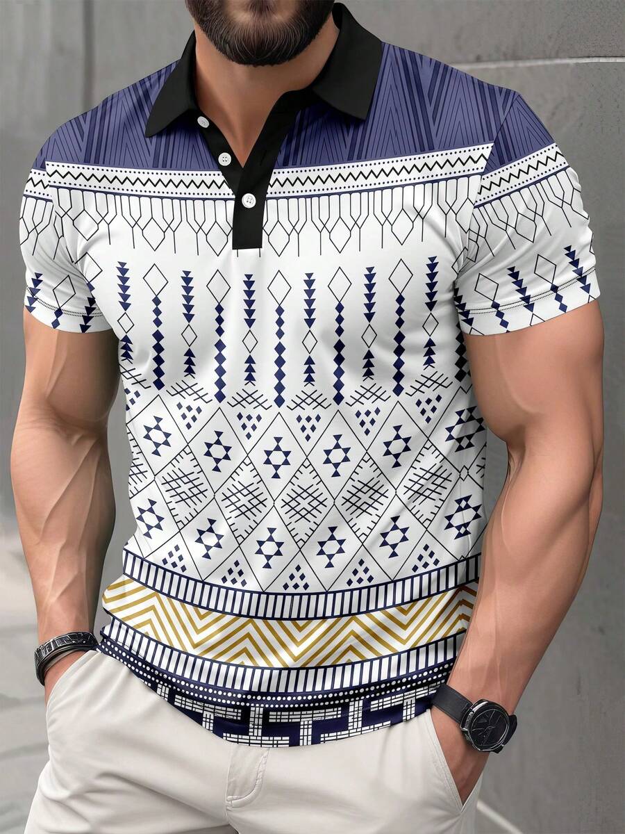 Camisa polo de manga corta con estampado floral retro cómoda y versátil para hombres - Multicolor - Ver 1
