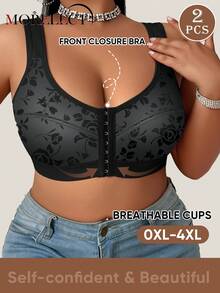 Morelect 2pcs/Set Plus Size Women Wireless Floral Print Front Closure Bras, Comfortable & Supportive For Daily Wear - Multicolor - View 6