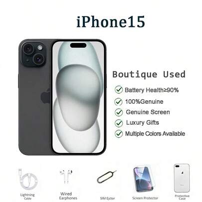  中古 Apple iPhone 15 OLED フラットスクリーン、6.1インチ、128/256GB、良好な状態、デュアルSIM、スムーズなパフォーマンス、ジムやスポーツ、音楽再生に最適なライトウェイトバックアップフォン