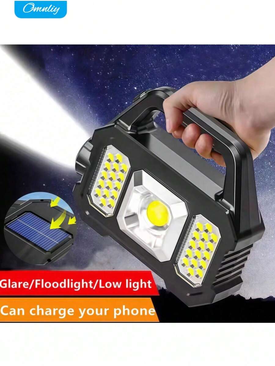 High-Power Solar Multifunctional Outdoor Work Light, Long Distance LED Flashlight, C-Type Rechargeable Searchlight, COB Emergency Outdoor Camping Super Bright - Black - View 1