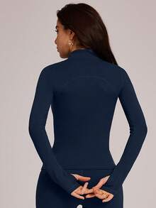 VUTRU 1pc Women's Fitted Sports Jacket With Thumb Holes, Suitable For Running, Yoga Spring - Dark Blue - View 3