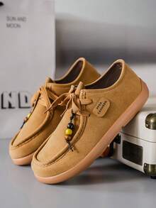 Men's Vintage Flat Bottom Soft Sole Casual Lace-Up Beaded Loafers, Comfortable & Versatile, Autumn/Winter - Camel - View 8