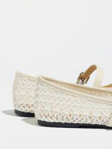 Plus Size Women's Fashion Hollow Knit Embroidered Brown & White Flat Square Toe Mesh Low Vamp Spring/Summer Ballet Shoes, Casual Comfortable Strap Mary Jane Shoes
