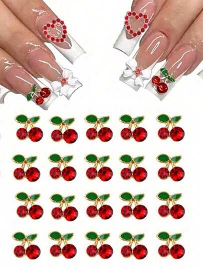 10 Pcs 3D Cherry Nail Charms, Rhinestone Red Cherries Nail Art Gems Shiny Gems Glitter Studs Cute Fruit Nail Jewelry Decorations Valentines Day Nail Accessories For Women Girl DIY Crafts Supplies