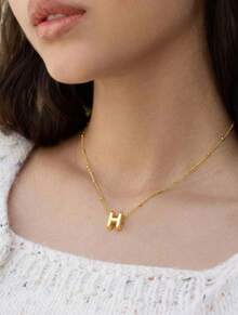 Hatastic 1 件时尚创意亮面铜 A-Z 英文首字母穿孔吊坠不锈钢珠链多层项链，女士日常休闲装个性多层项链锁骨链 - 金色夾珠鏈 - 查看 6