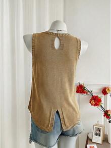 女士时尚无袖针织上衣，圆领，不对称下摆设计 - 金色 - 查看 5
