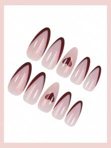 1 Bộ (24 miếng) Miếng dán móng tay hình hạnh nhân cỡ trung bình, màu đỏ tía kiểu Pháp, họa tiết trái tim đỏ, phong cách tối giản, bóng mượt, phủ kín toàn bộ, phù hợp cho phụ nữ và bé gái sử dụng hàng ngày, phụ kiện làm móng cho ngày Valentine - Nhiều màu - Xem 3