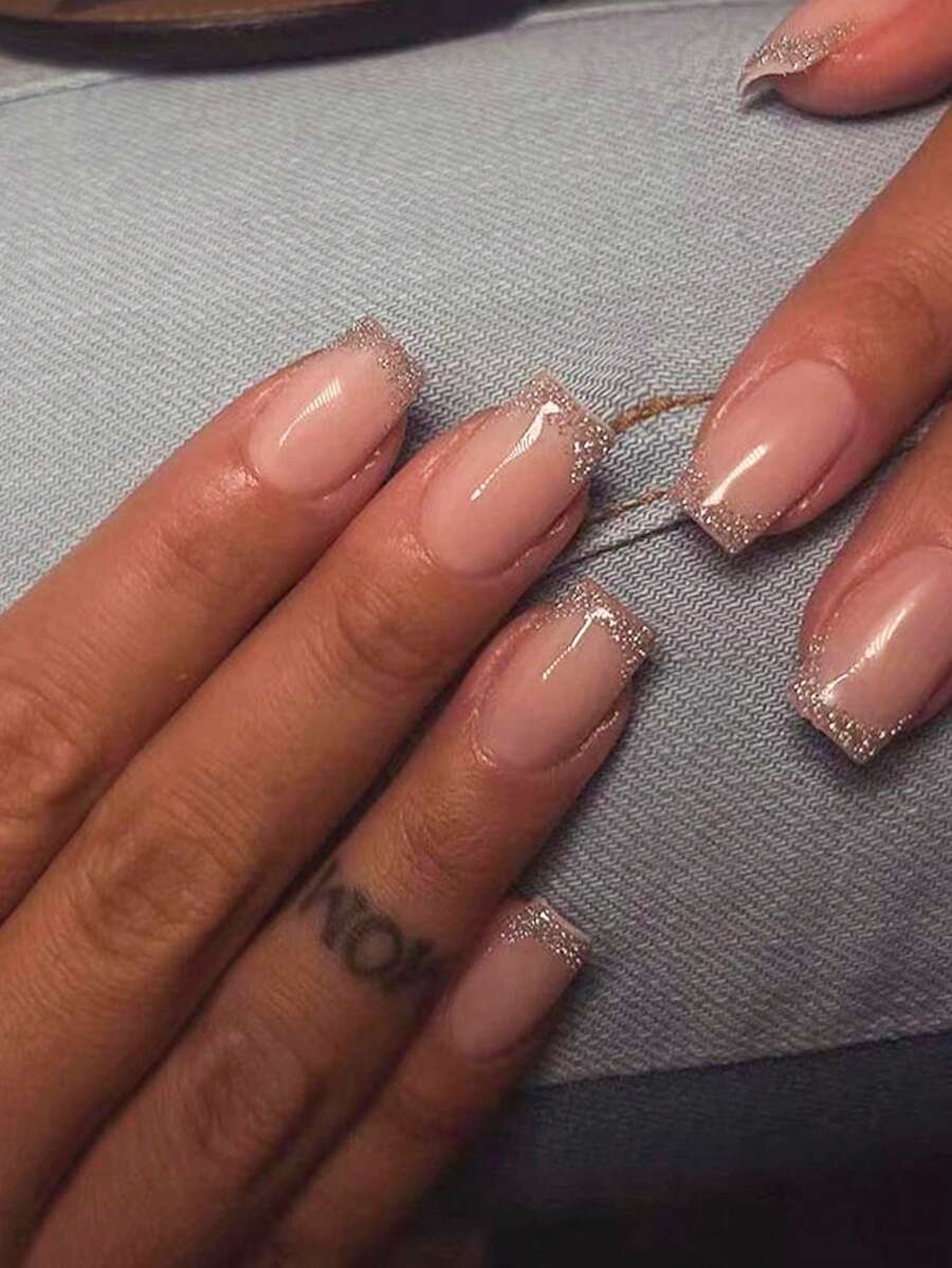 24-Piece Long Square Press On Nails, European And American French Simple And Gentle Pink Glitter Nails, Simple And Elegant, Reusable Design, Suitable For Women's Daily Life, Travel, Festivals - Multicolor - View 1