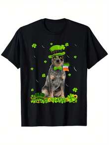 Camiseta divertida del Día de San Patricio con perro australiano, camiseta de trébol linda para hombres, camiseta de ajuste regular con estampado de letras - peso de tela de 180g, 100% algodón, tallas S-XXXL, cuello redondo, camiseta casual del Día de San Patricio - Negro - Ver 2
