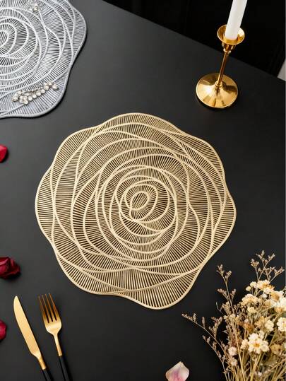 1/4/6/8/12pcs 15-Inch Gold Rose Hollow PVC Placemats, Also Available 3.9-Inch Coasters, Non-Slip Heat Resistant Washable, Romantic Valentine's Day Table Decor