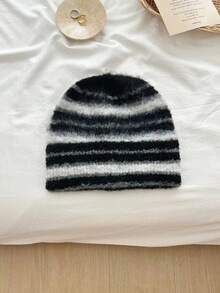 1 pieza Gorro de punto a rayas retro, orejera de invierno para mujer, gorro de punto cálido, gorro de cuello de parchwork a rayas unisex, protección de oídos cálida - Multicolor - Ver 7
