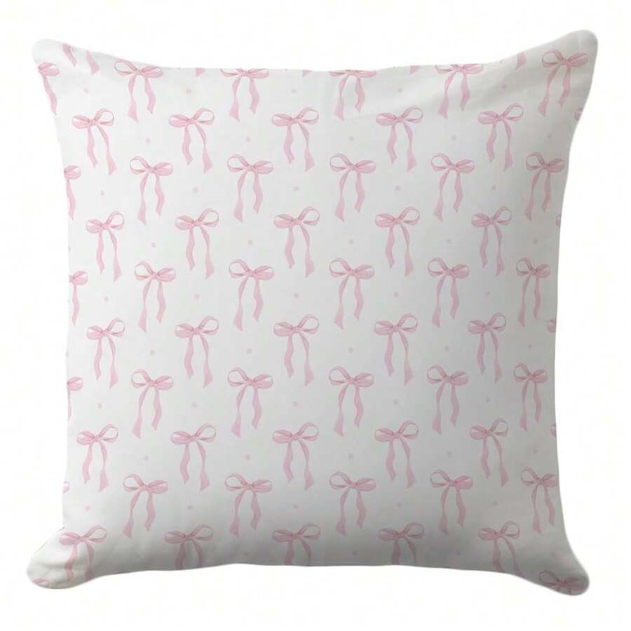 Bow Pillow Cover 18x18 – Pink Coquette Throw Pillow Case With Ribbon Pattern – Pastel Aesthetic Cushion For Bedroom, Sofa Or Gir Ly Room Decor - MiniPinkBows - View 1