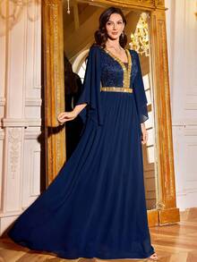 MIUSOL Deep V-Neck Floral Lace Contrast Sequin Ruffle Sleeve Pleated Hem Chiffon Formal Party Maxi Dress, Elegant Ladies Party Gown, Formal Evening Dress, Ball Gown, Suitable For Wedding Guest, Graduation Ceremony, Gala Dinner And Other Occasions - Navy Blue - View 7