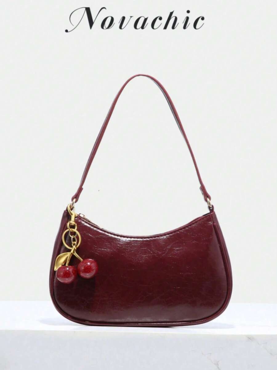 New Fashion Classic Versatile PU Waterproof Fabric M Letter Pattern Shoulder Bag, Printed Design Metal Chain Decoration Design French Baguette Bag, Women's Shoulder Bag Suitable For Shopping. Commuting, Travel Use - Đỏ Burgundy - Xem 1