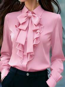 女士优雅长袖衬衫，浅粉色，系带领，荷叶边和蝴蝶结装饰，常规版型，适合工作和日常穿着，春秋季 - 淺粉色 - 查看 3