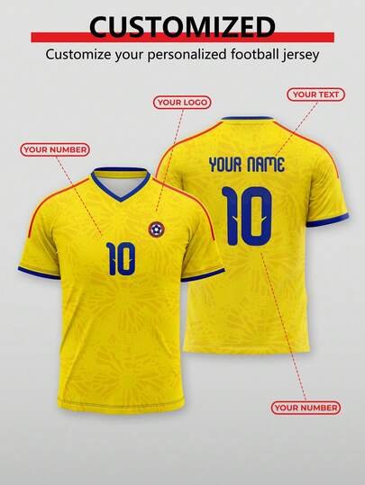 Un diseño clásico de jersey en estilo colombiano, para el equipo nacional, con el amarillo como color principal, logotipo del equipo personalizable, número y nombre, con diseño de microperforaciones, cómodo de usar, adecuado para uso diario, uso casual, entrenamiento, como regalo para amigos, regalo de Navidad, regalo de Año Nuevo, regalo del Día del Padre.